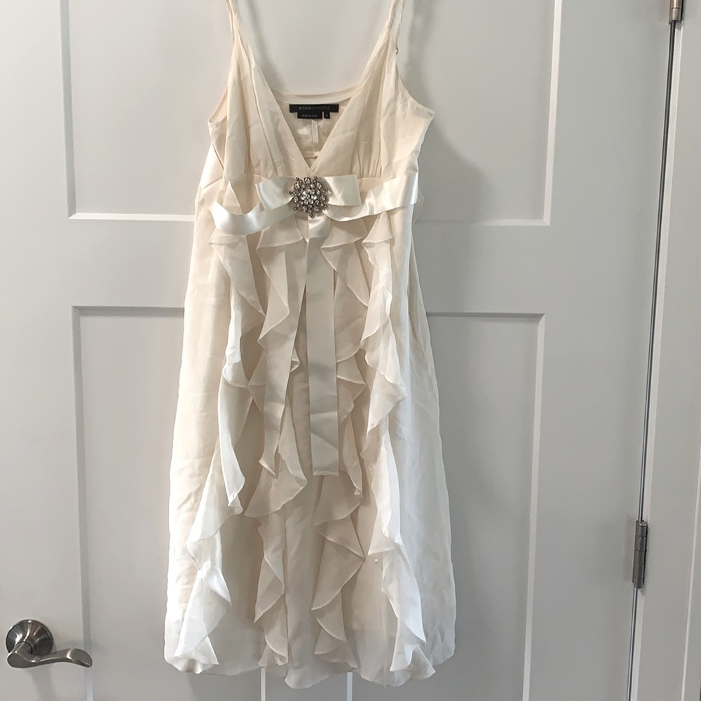 BCBG Ivory Dress! Feminine details including sparkle broach & vertical ruffles